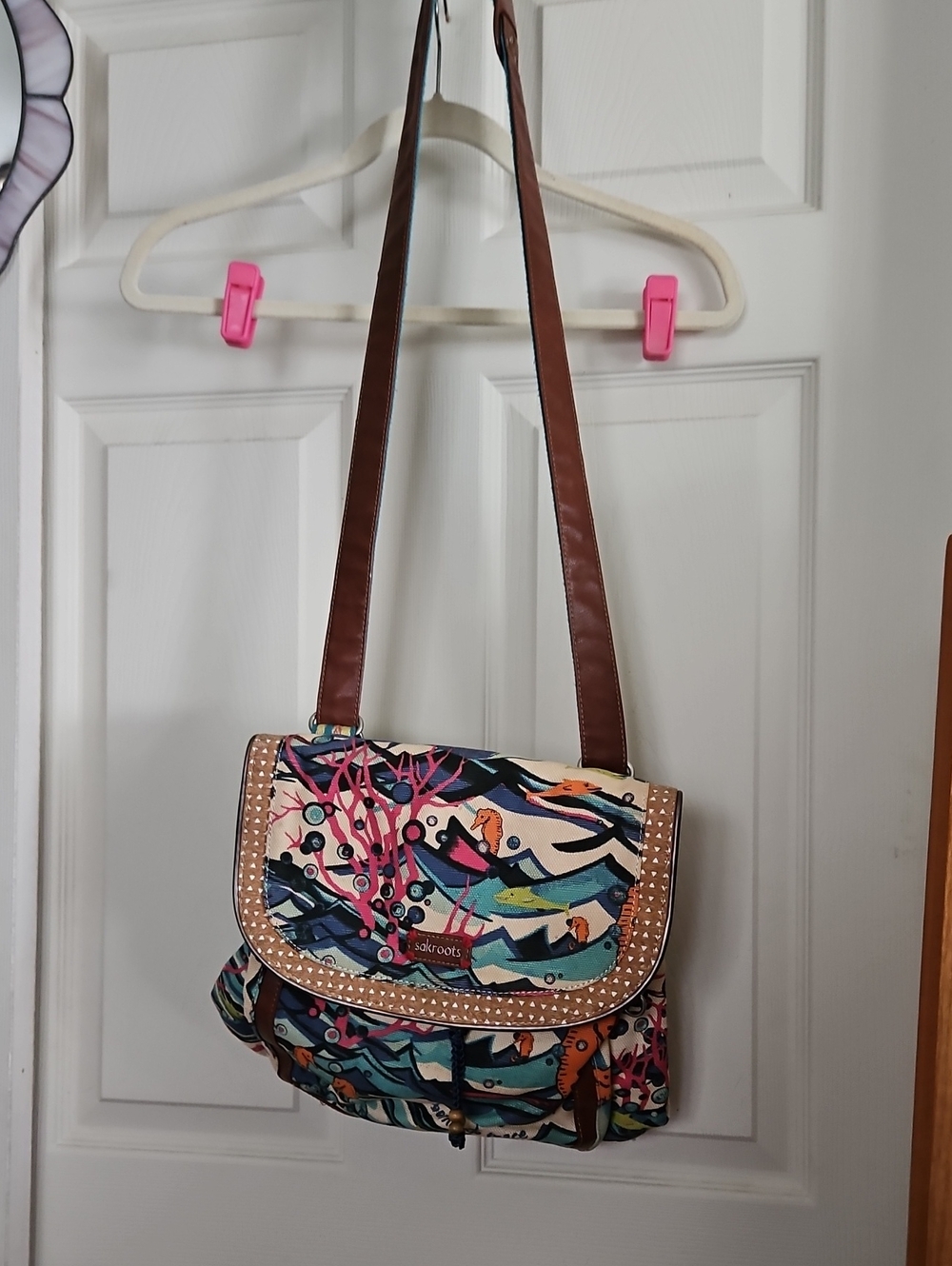 Sakroots Multicolor Ocean-Print Crossbody with Brown Strap